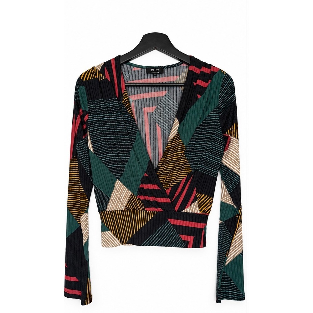 Privy Womens Geometric Patchwork Ribbed Surplice Top Long Sleeve V-Neck PT982K M